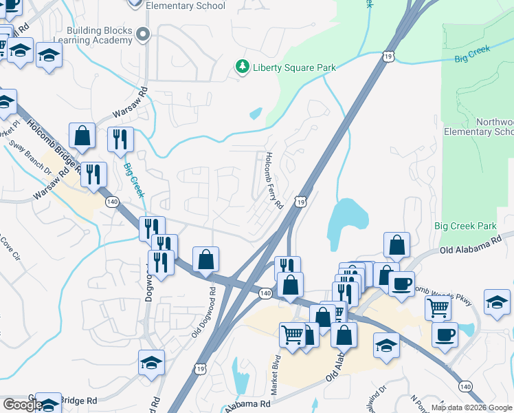 map of restaurants, bars, coffee shops, grocery stores, and more near 228 Mill Creek Place in Roswell