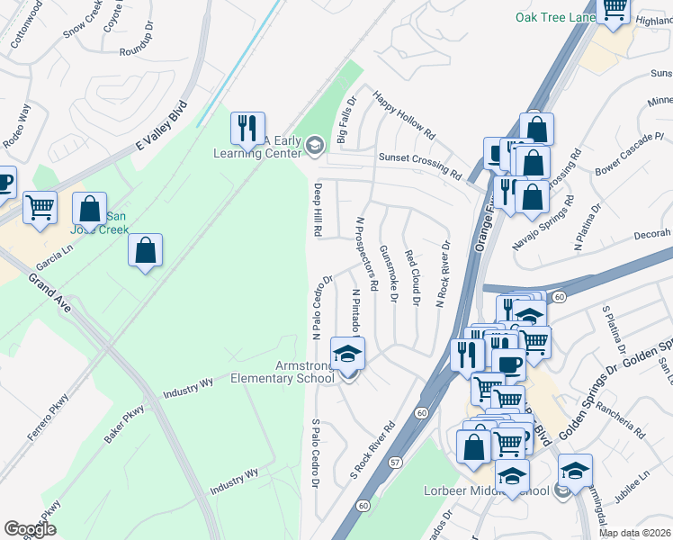map of restaurants, bars, coffee shops, grocery stores, and more near 341 North Palo Cedro Drive in Diamond Bar