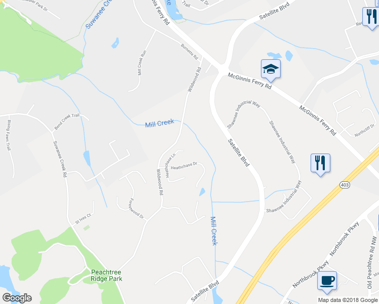 map of restaurants, bars, coffee shops, grocery stores, and more near 3343 Heathchase Lane in Suwanee
