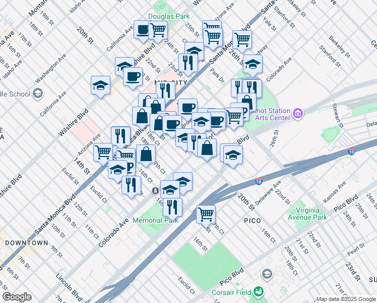 map of restaurants, bars, coffee shops, grocery stores, and more near 1556 19th Court in Santa Monica