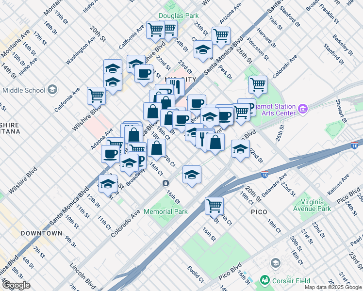 map of restaurants, bars, coffee shops, grocery stores, and more near 1524 19th Street in Santa Monica