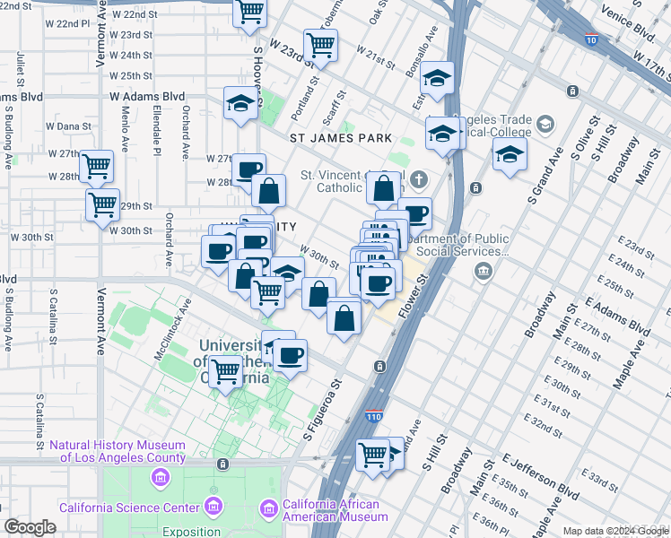 map of restaurants, bars, coffee shops, grocery stores, and more near 716 West 30th Street in Los Angeles