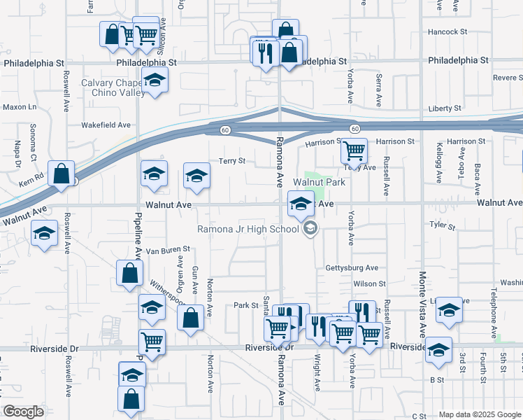 map of restaurants, bars, coffee shops, grocery stores, and more near 4447 Walnut Avenue in Chino