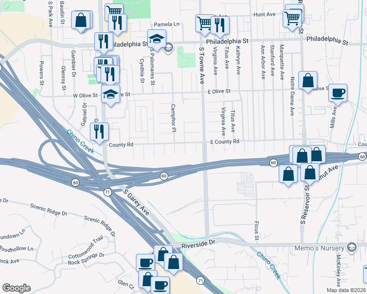 map of restaurants, bars, coffee shops, grocery stores, and more near 2531 Tampa Street in Pomona