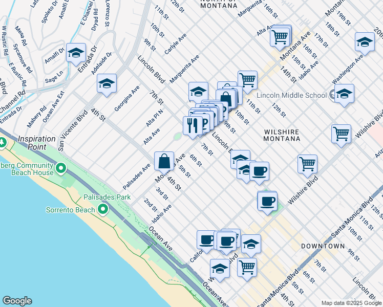 map of restaurants, bars, coffee shops, grocery stores, and more near 811 6th Street in Santa Monica