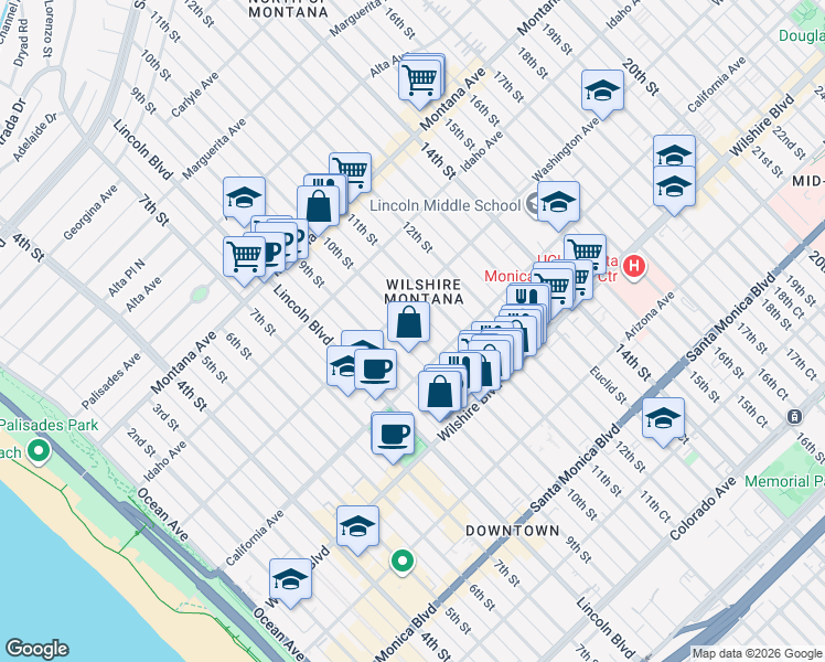map of restaurants, bars, coffee shops, grocery stores, and more near 1020 10th Street in Santa Monica