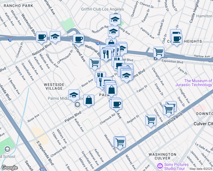 map of restaurants, bars, coffee shops, grocery stores, and more near 3419 Keystone Avenue in Los Angeles