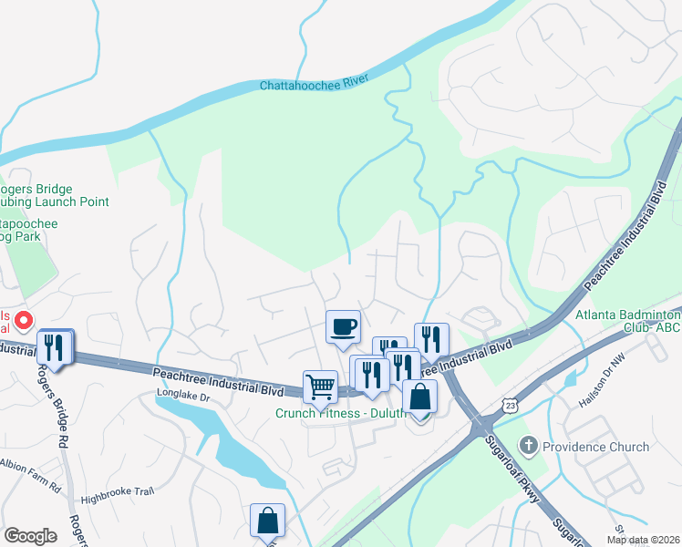 map of restaurants, bars, coffee shops, grocery stores, and more near 2335 Black Rock Drive in Duluth