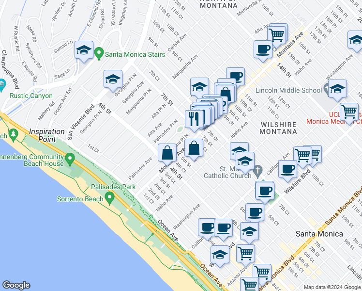 map of restaurants, bars, coffee shops, grocery stores, and more near 521 Montana Avenue in Santa Monica