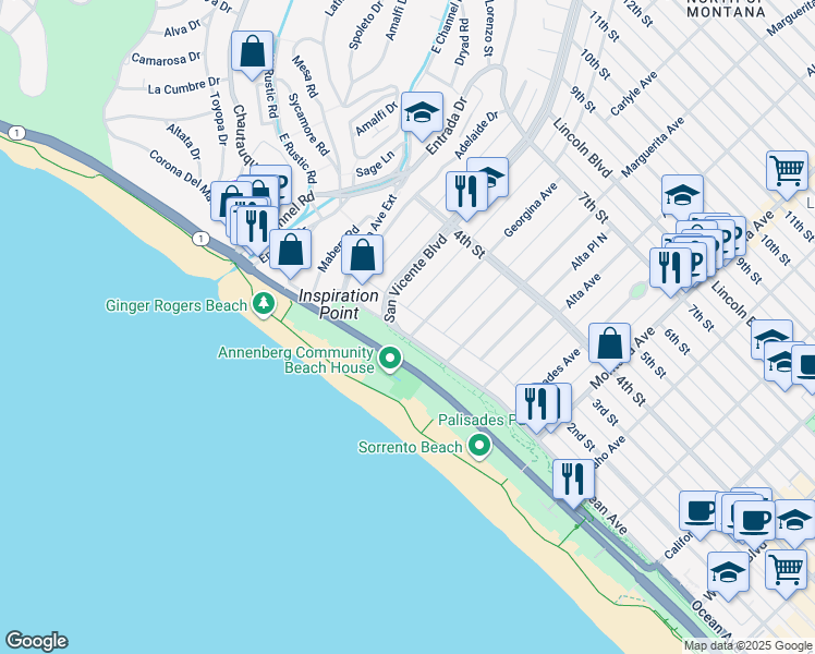 map of restaurants, bars, coffee shops, grocery stores, and more near 311 Ocean Avenue in Santa Monica