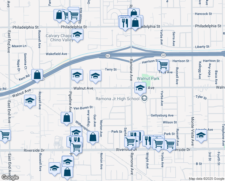 map of restaurants, bars, coffee shops, grocery stores, and more near 4389 Walnut Avenue in Chino