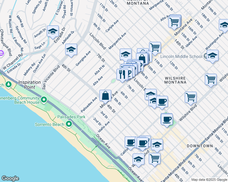 map of restaurants, bars, coffee shops, grocery stores, and more near 521 Montana Avenue in Santa Monica