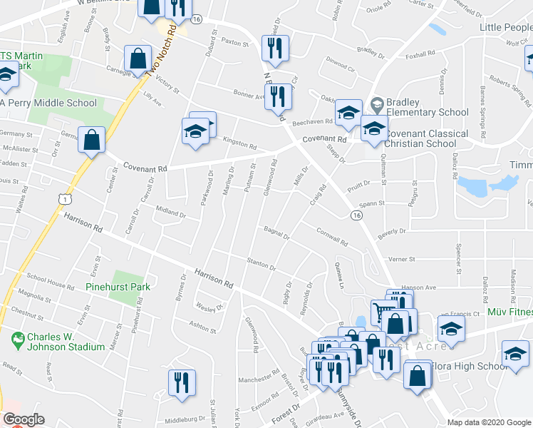 map of restaurants, bars, coffee shops, grocery stores, and more near 2616 Glenwood Road in Columbia