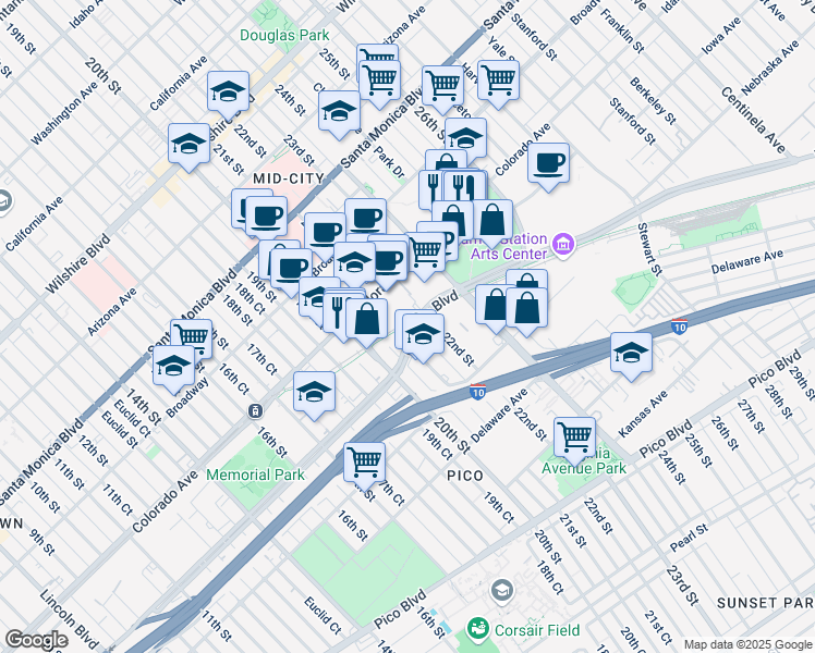 map of restaurants, bars, coffee shops, grocery stores, and more near 1631 21st Street in Santa Monica