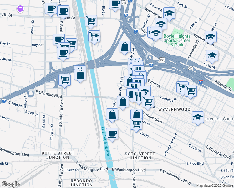 map of restaurants, bars, coffee shops, grocery stores, and more near 2585 East Olympic Boulevard in Los Angeles