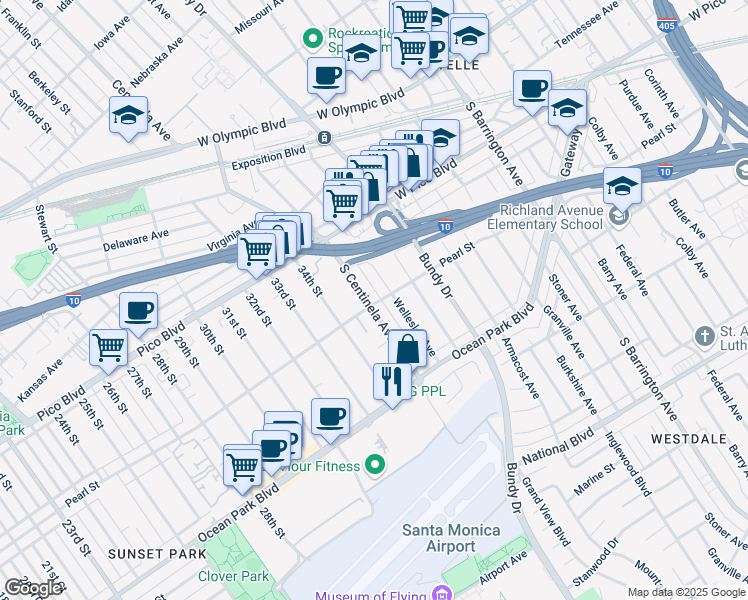 map of restaurants, bars, coffee shops, grocery stores, and more near 2496 South Centinela Avenue in Los Angeles