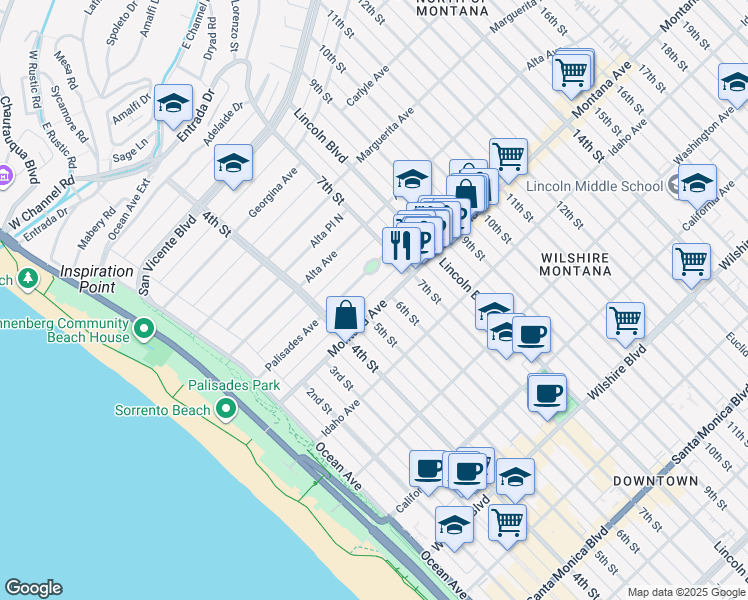map of restaurants, bars, coffee shops, grocery stores, and more near 529 Montana Avenue in Santa Monica