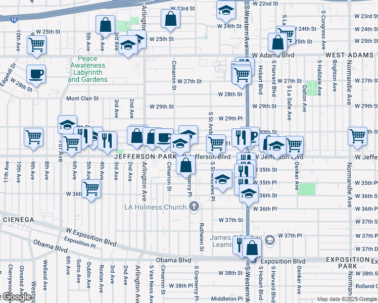 map of restaurants, bars, coffee shops, grocery stores, and more near 1955 West Jefferson Boulevard in Los Angeles