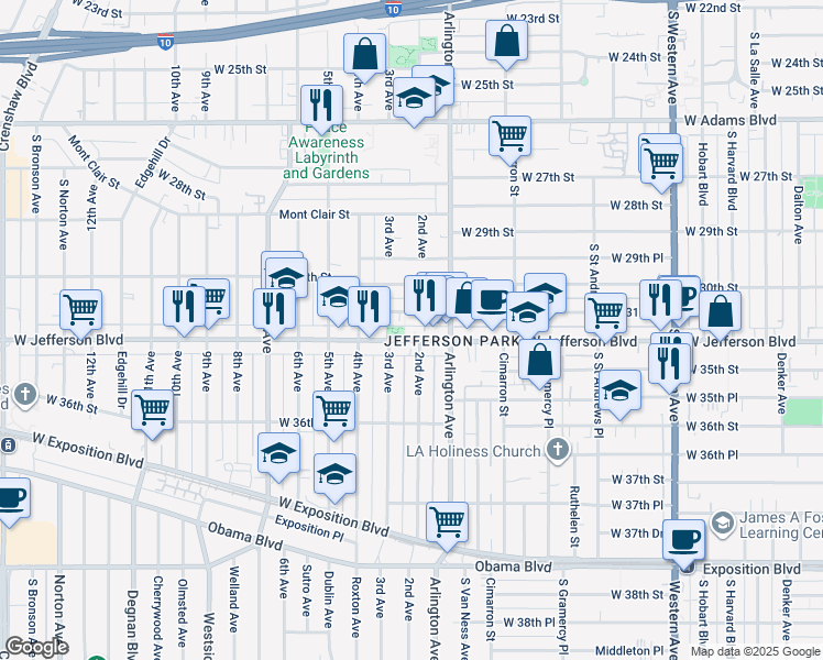 map of restaurants, bars, coffee shops, grocery stores, and more near 2211 West Jefferson Boulevard in Los Angeles
