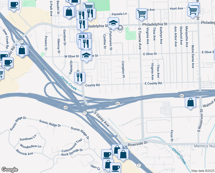 map of restaurants, bars, coffee shops, grocery stores, and more near 2502 Chestnut Place in Pomona