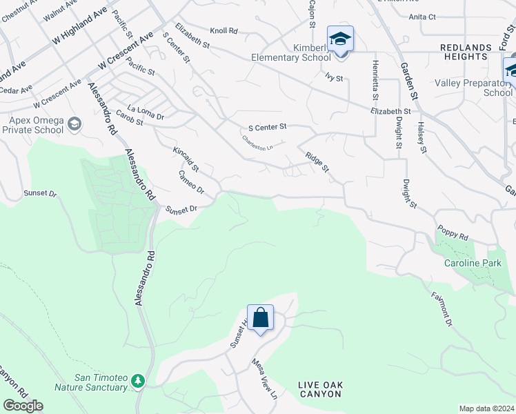 map of restaurants, bars, coffee shops, grocery stores, and more near 1 East Sunset Drive South in Redlands