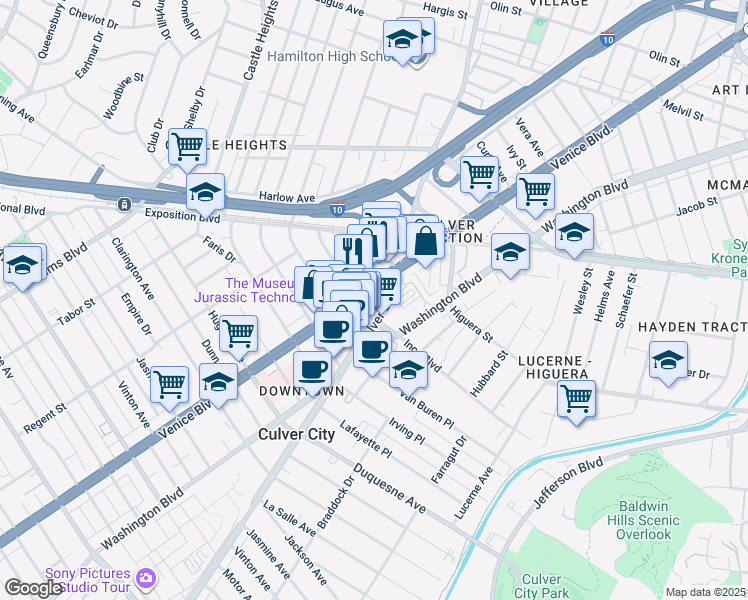 map of restaurants, bars, coffee shops, grocery stores, and more near 3816 South Canfield Avenue in Culver City