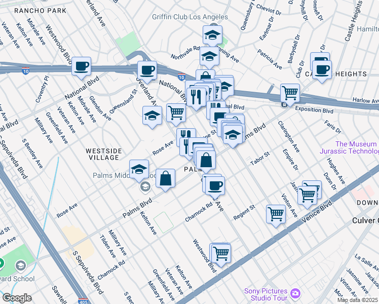map of restaurants, bars, coffee shops, grocery stores, and more near 3410 Overland Avenue in Los Angeles