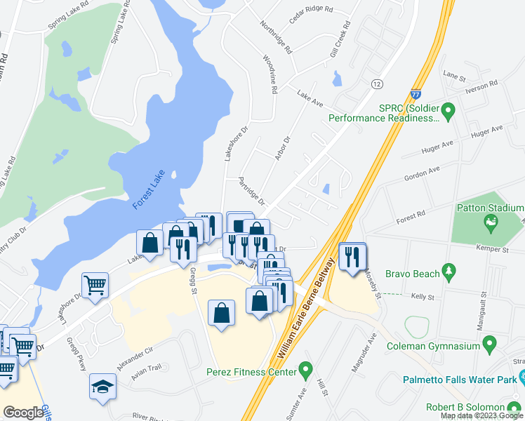 map of restaurants, bars, coffee shops, grocery stores, and more near 100 Partridge Drive in Columbia