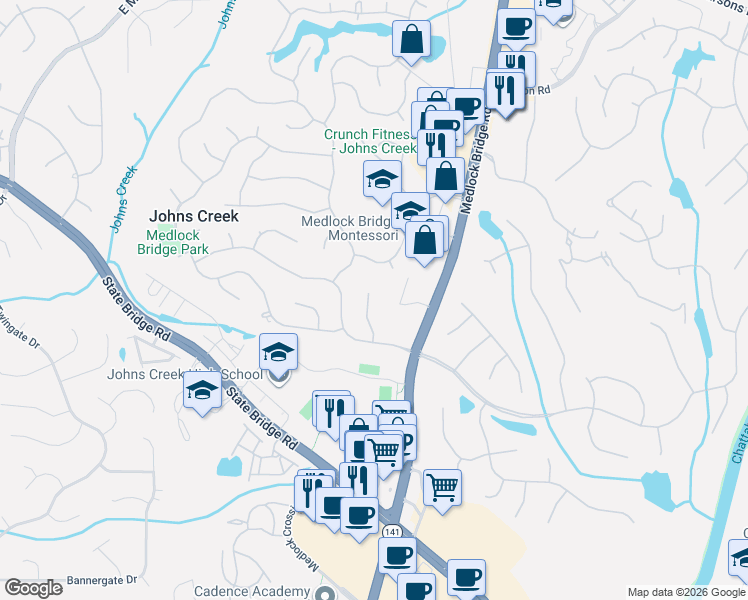 map of restaurants, bars, coffee shops, grocery stores, and more near 165 Ludwell Court in Alpharetta