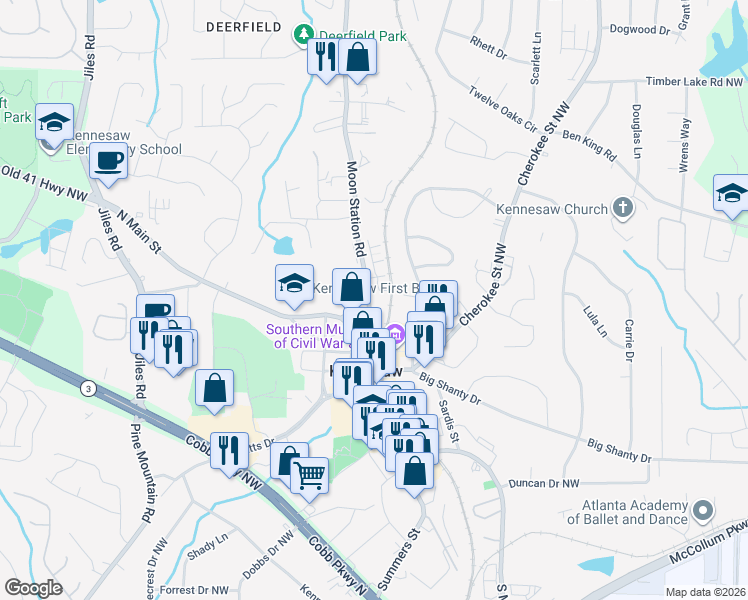 map of restaurants, bars, coffee shops, grocery stores, and more near 2962 Moon Station Road in Kennesaw