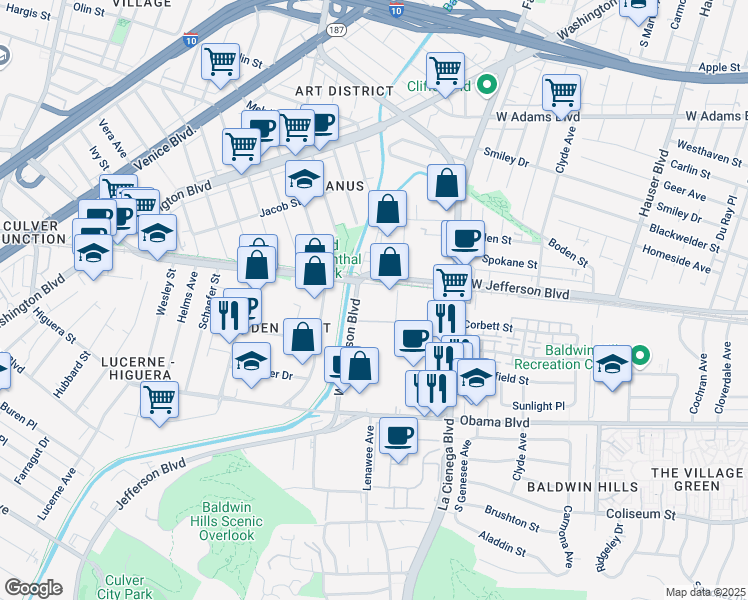 map of restaurants, bars, coffee shops, grocery stores, and more near 3465 La Cienega Boulevard in Los Angeles