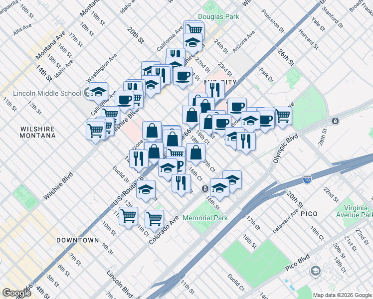 map of restaurants, bars, coffee shops, grocery stores, and more near 1427 17th Street in Santa Monica
