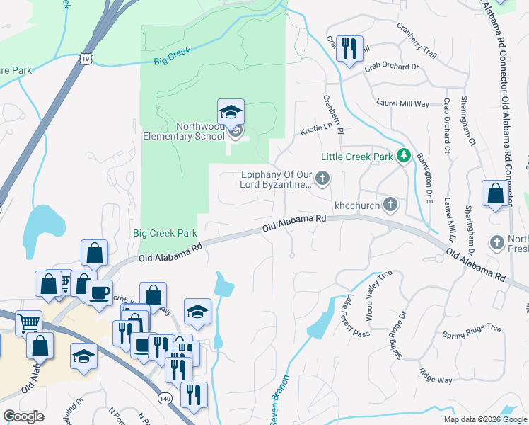 map of restaurants, bars, coffee shops, grocery stores, and more near 525 Tyson Lane in Roswell