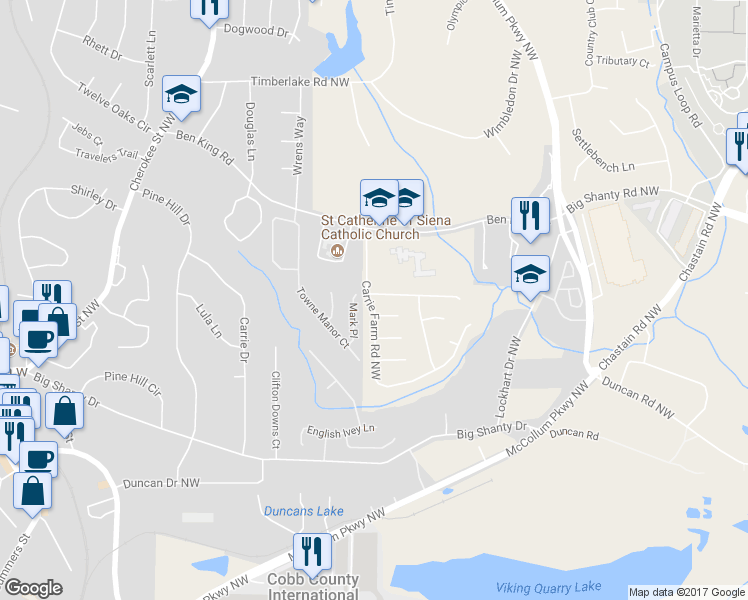 map of restaurants, bars, coffee shops, grocery stores, and more near 1663 Carrie Farm Lane Northwest in Kennesaw