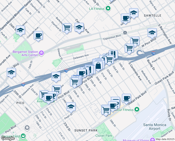 map of restaurants, bars, coffee shops, grocery stores, and more near 2923 Urban Avenue in Santa Monica