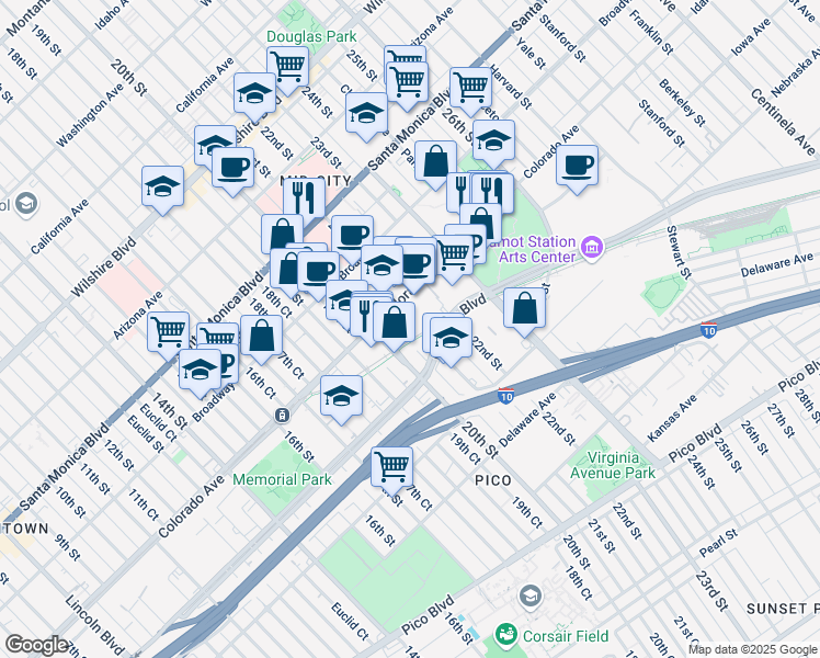 map of restaurants, bars, coffee shops, grocery stores, and more near 2100 Colorado Avenue in Santa Monica