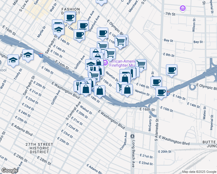 map of restaurants, bars, coffee shops, grocery stores, and more near 1358 East 15th Street in Los Angeles