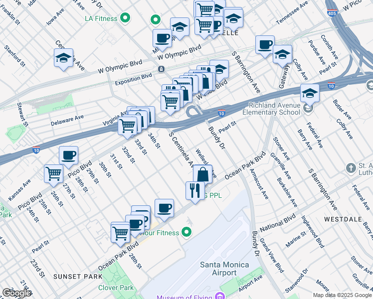 map of restaurants, bars, coffee shops, grocery stores, and more near 2496 South Centinela Avenue in Los Angeles