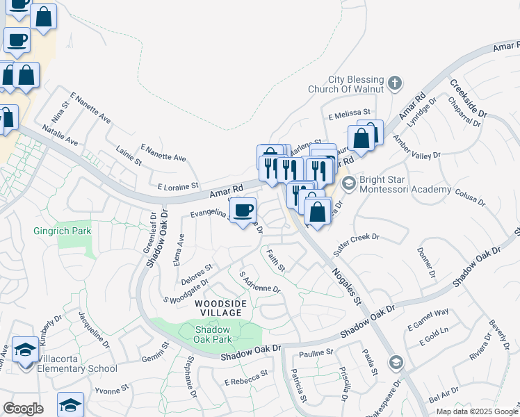 map of restaurants, bars, coffee shops, grocery stores, and more near 2208 Calle Puebla in West Covina