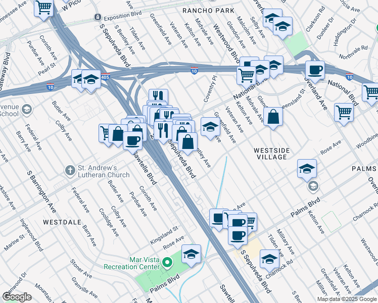 map of restaurants, bars, coffee shops, grocery stores, and more near 11140 Clover Avenue in Los Angeles