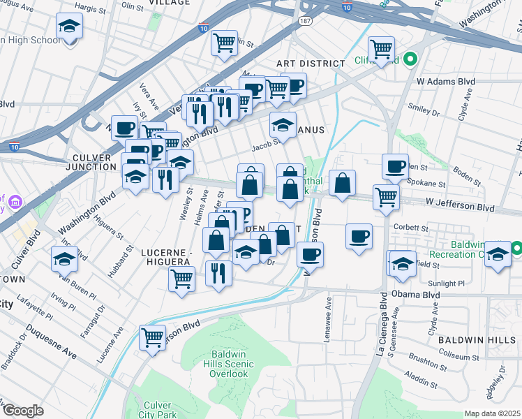 map of restaurants, bars, coffee shops, grocery stores, and more near 3532 Hayden Avenue in Culver City