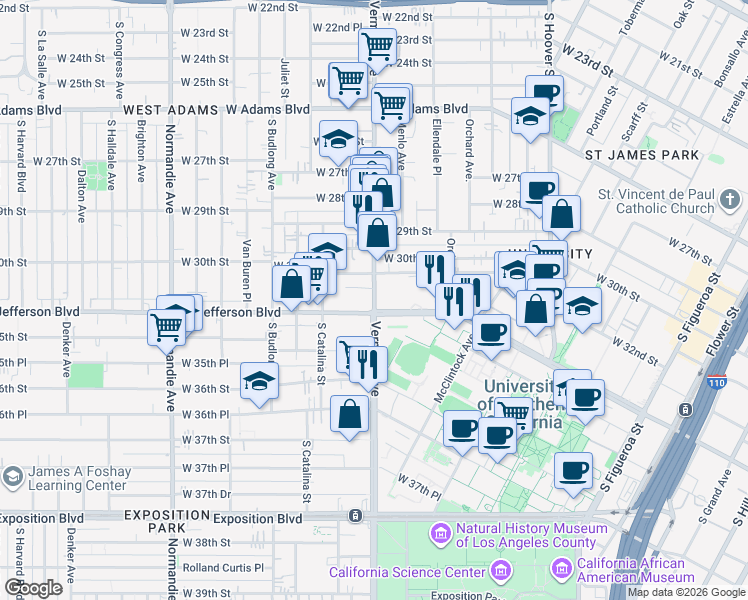 map of restaurants, bars, coffee shops, grocery stores, and more near 3310 Vermont Avenue in Los Angeles