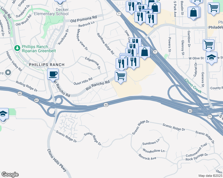 map of restaurants, bars, coffee shops, grocery stores, and more near 35 Carriage Way in Pomona