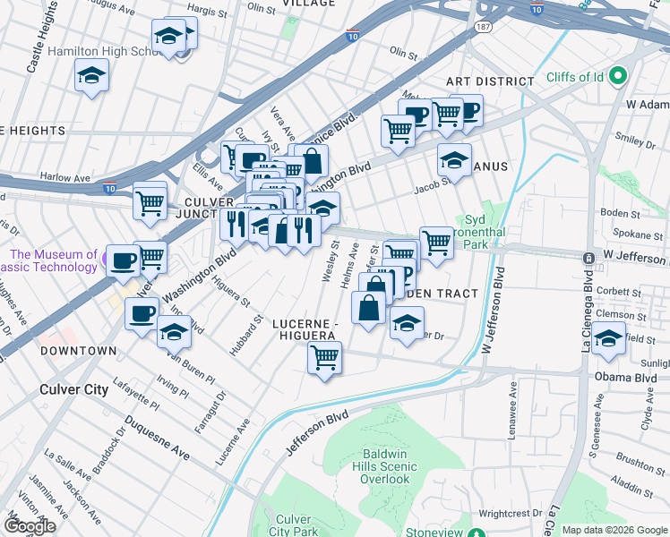map of restaurants, bars, coffee shops, grocery stores, and more near 3548 Wesley St in Culver City