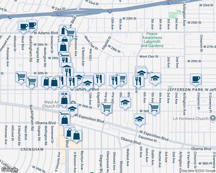 map of restaurants, bars, coffee shops, grocery stores, and more near 3037 West Jefferson Boulevard in Los Angeles