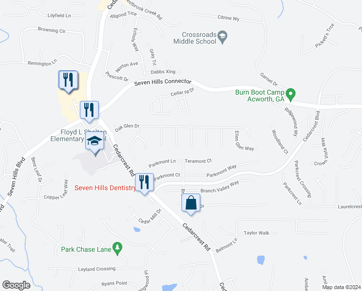 map of restaurants, bars, coffee shops, grocery stores, and more near 105 Oak Vale Lane in Dallas