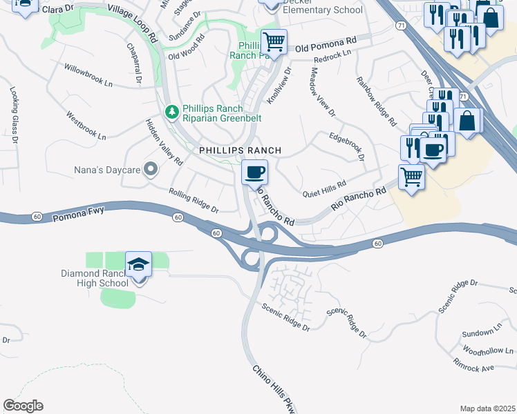 map of restaurants, bars, coffee shops, grocery stores, and more near 88 Phillips Ranch Road in Pomona