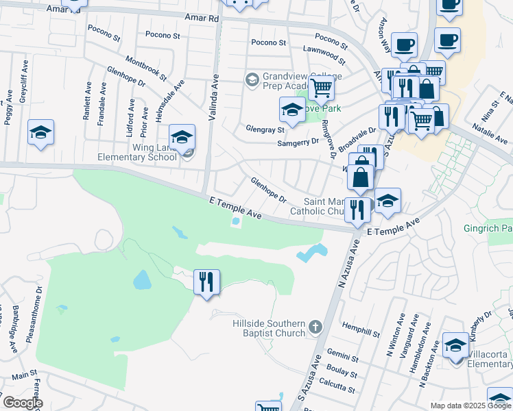 map of restaurants, bars, coffee shops, grocery stores, and more near 409 Raminda Avenue in La Puente