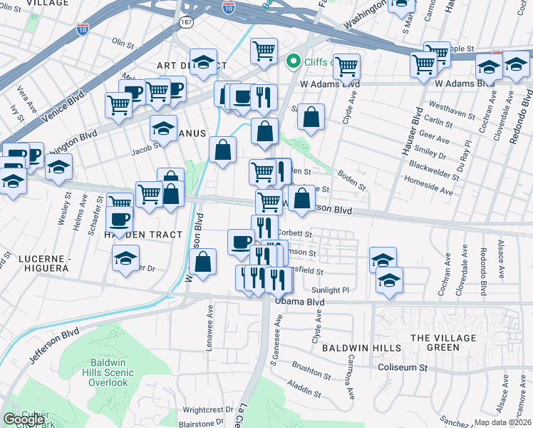 map of restaurants, bars, coffee shops, grocery stores, and more near 8 South La Cienega Boulevard in Los Angeles