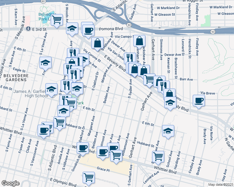 map of restaurants, bars, coffee shops, grocery stores, and more near 5535 Eagle Street in East Los Angeles